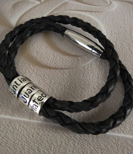 Pulsera Aros Grabados A Mano Cuero Trenzado